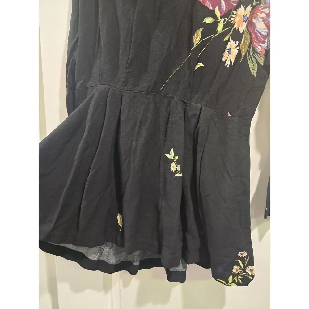Free People Gemma Black Embroidered Floral Tie Open Back Tunic/Mini Dress Sz S‎